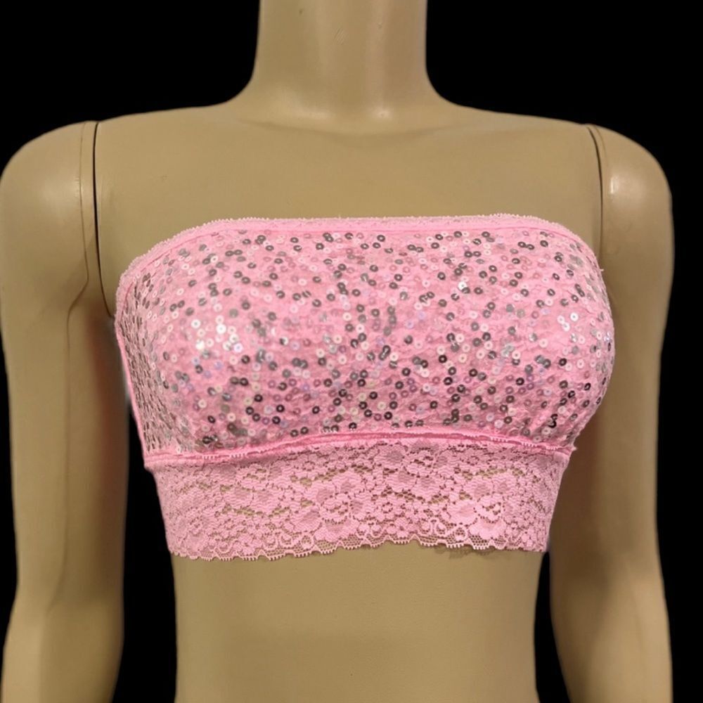 Victorias Secret Pink Strapless Bling Sequin Lace Unlined Bandeau Bralette Pink